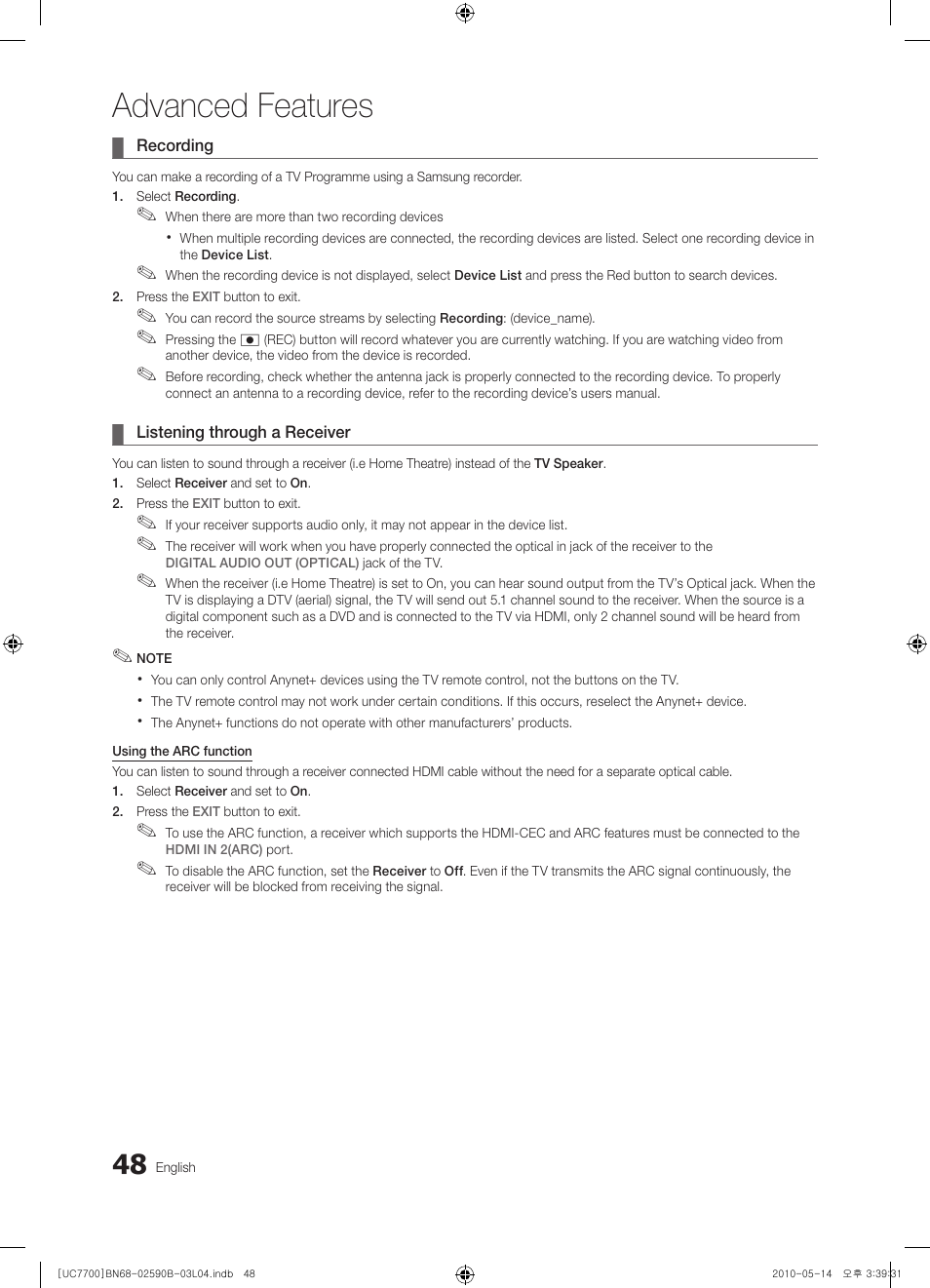 Advanced features | Samsung UE40C7700WS User Manual | Page 48 / 257