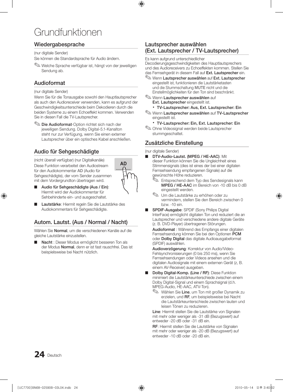 Grundfunktionen, Wiedergabesprache, Audioformat | Audio für sehgeschädigte, Autom. lautst. (aus / normal / nacht), Zusätzliche einstellung | Samsung UE40C7700WS User Manual | Page 88 / 257