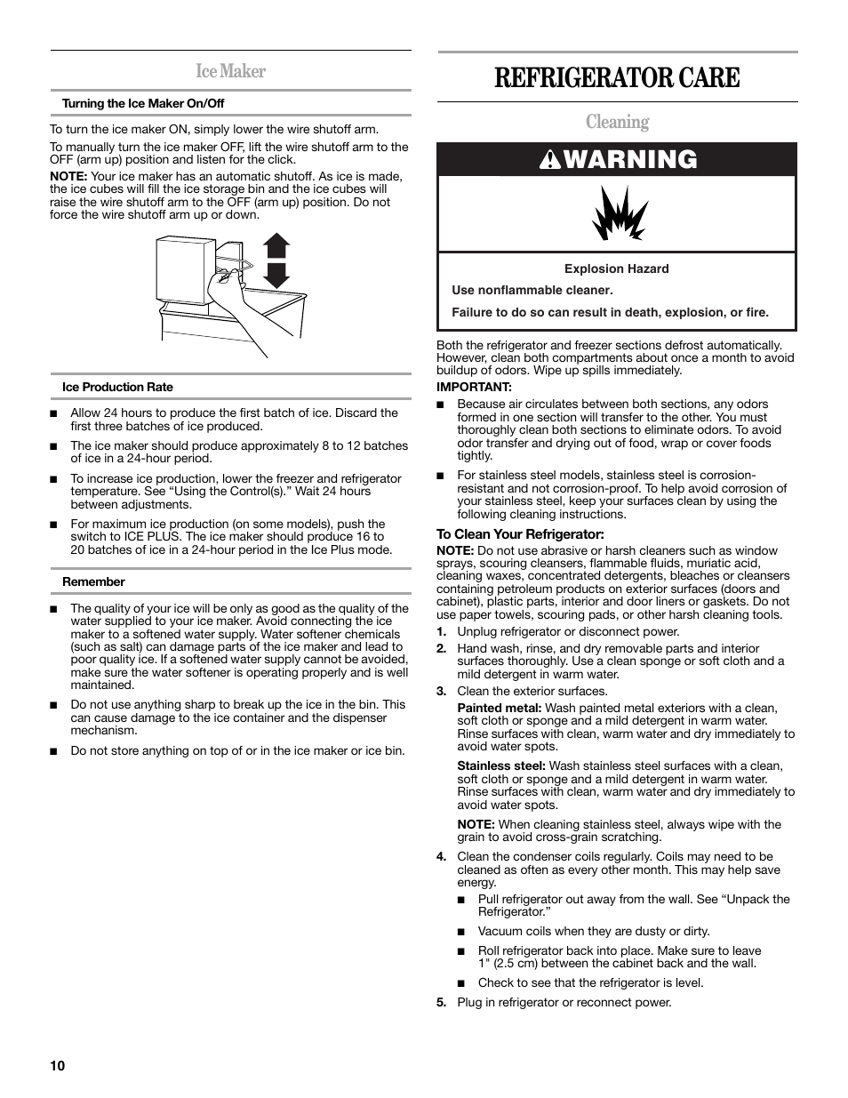 Refrigerator care, Warning, Ice maker | Cleaning | Amana W10214254A User Manual | Page 10 / 42