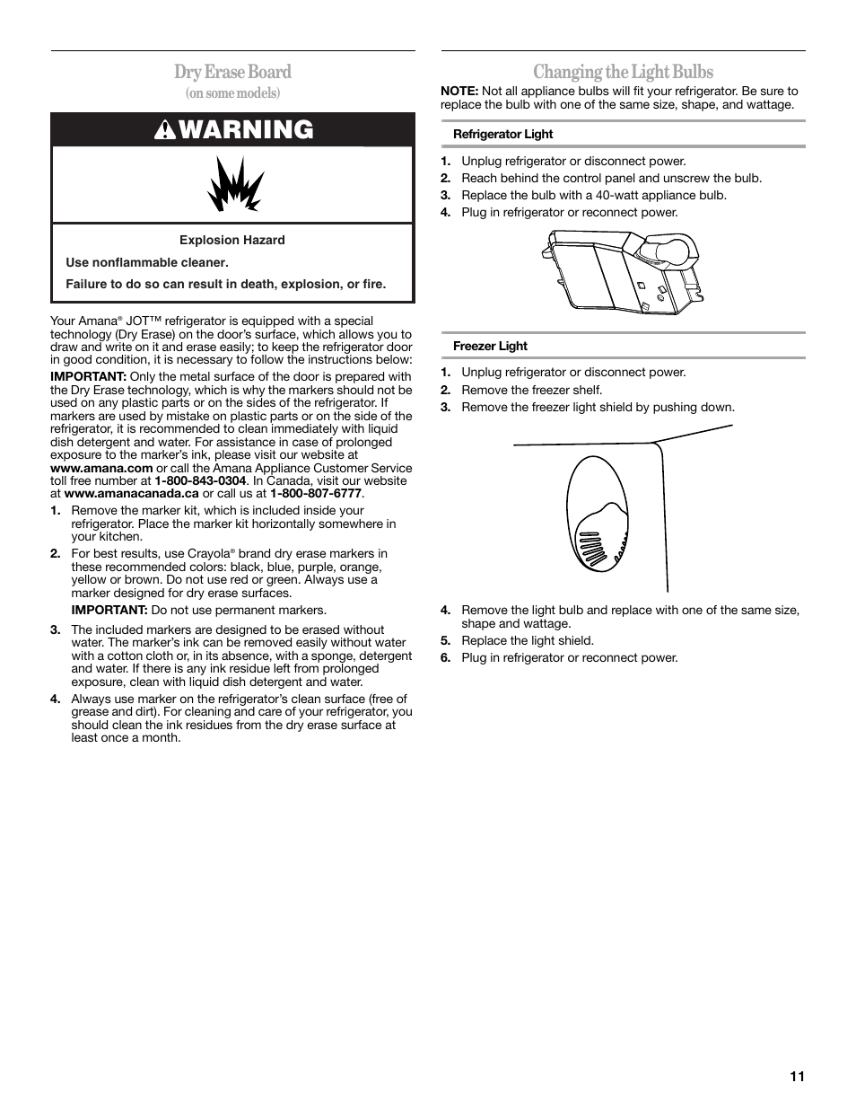 Warning, Dry erase board, Changing the light bulbs | Amana W10214254A User Manual | Page 11 / 42