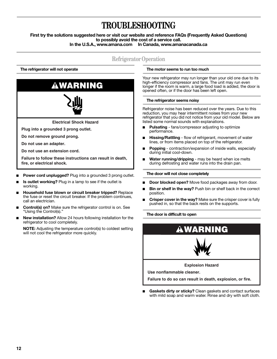 Troubleshooting, Warning, Refrigerator operation | Amana W10214254A User Manual | Page 12 / 42