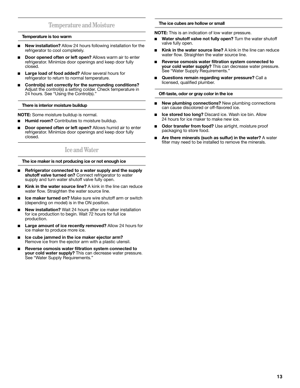 Temperature and moisture, Ice and water | Amana W10214254A User Manual | Page 13 / 42