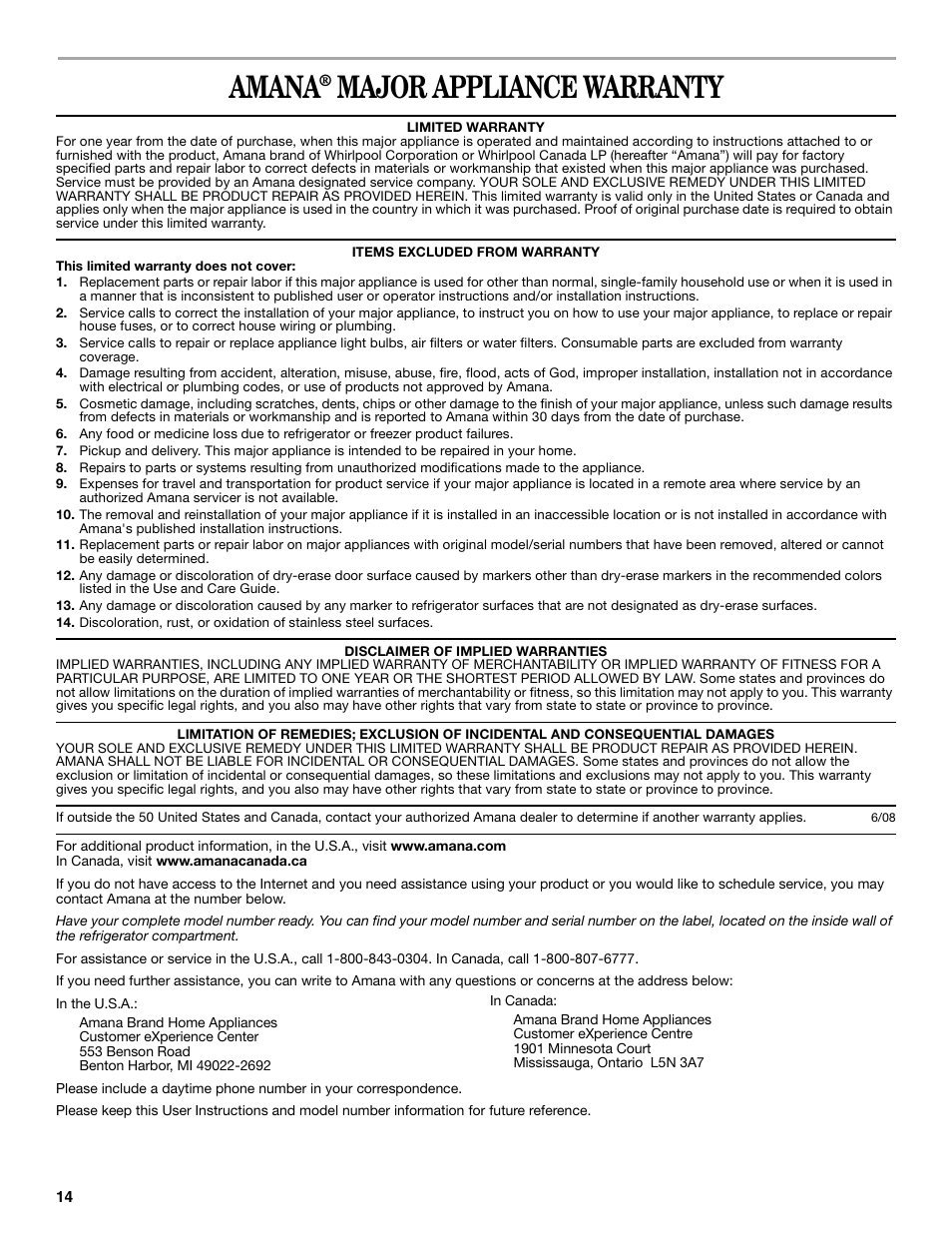 Amana, Major appliance warranty | Amana W10214254A User Manual | Page 14 / 42
