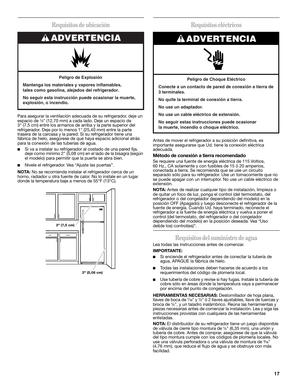 Advertencia, Requisitos de ubicación, Requisitos eléctricos | Requisitos del suministro de agua | Amana W10214254A User Manual | Page 17 / 42