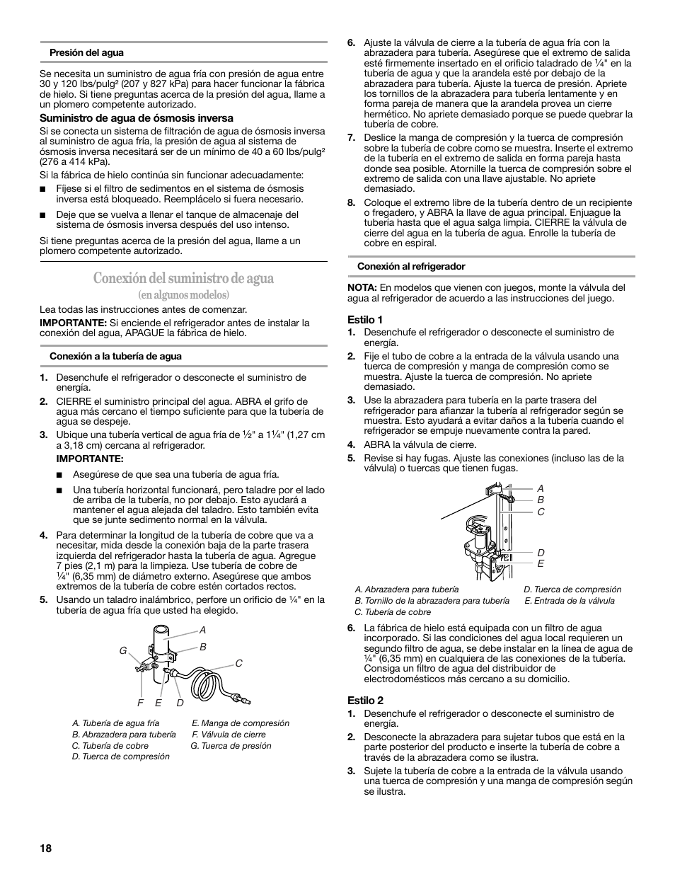 Conexión del suministro de agua | Amana W10214254A User Manual | Page 18 / 42