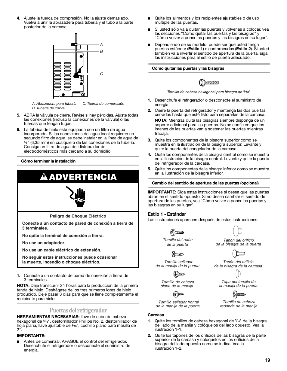 Advertencia, Puertas del refrigerador | Amana W10214254A User Manual | Page 19 / 42