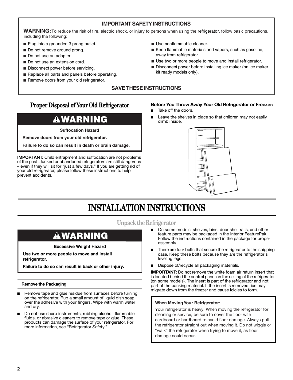 Installation instructions, Warning, Proper disposal of your old refrigerator | Unpack the refrigerator | Amana W10214254A User Manual | Page 2 / 42