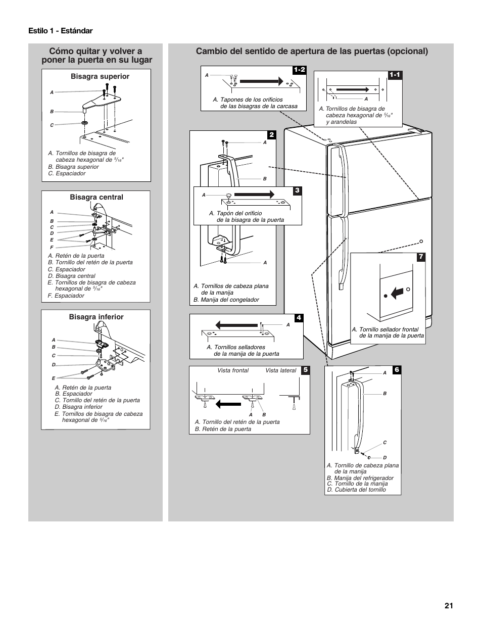 Cómo quitar y volver a poner la puerta en su lugar, 21 estilo 1 - estándar | Amana W10214254A User Manual | Page 21 / 42