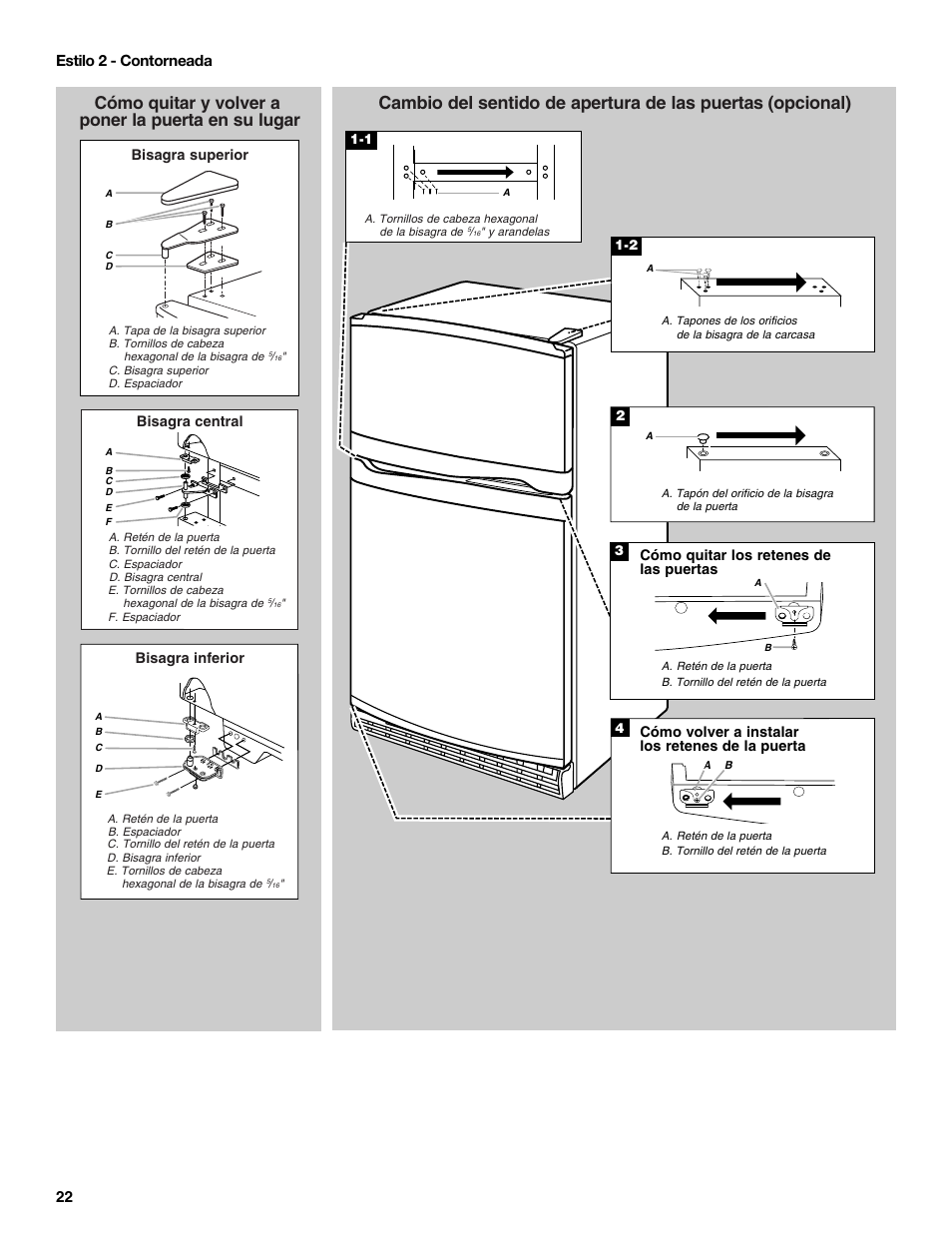 Cómo quitar y volver a poner la puerta en su lugar, 22 estilo 2 - contorneada | Amana W10214254A User Manual | Page 22 / 42