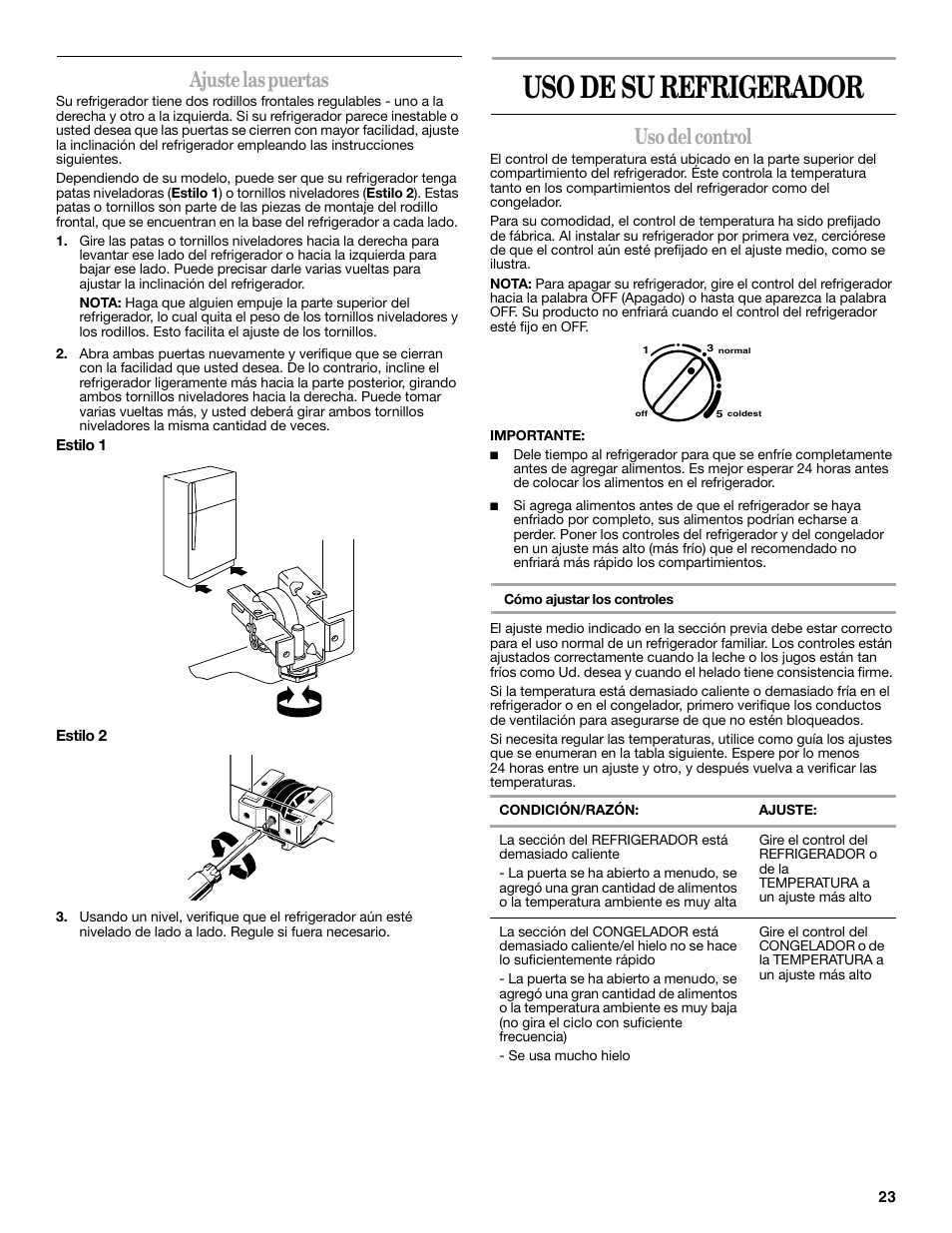 Uso de su refrigerador, Ajuste las puertas, Uso del control | Amana W10214254A User Manual | Page 23 / 42
