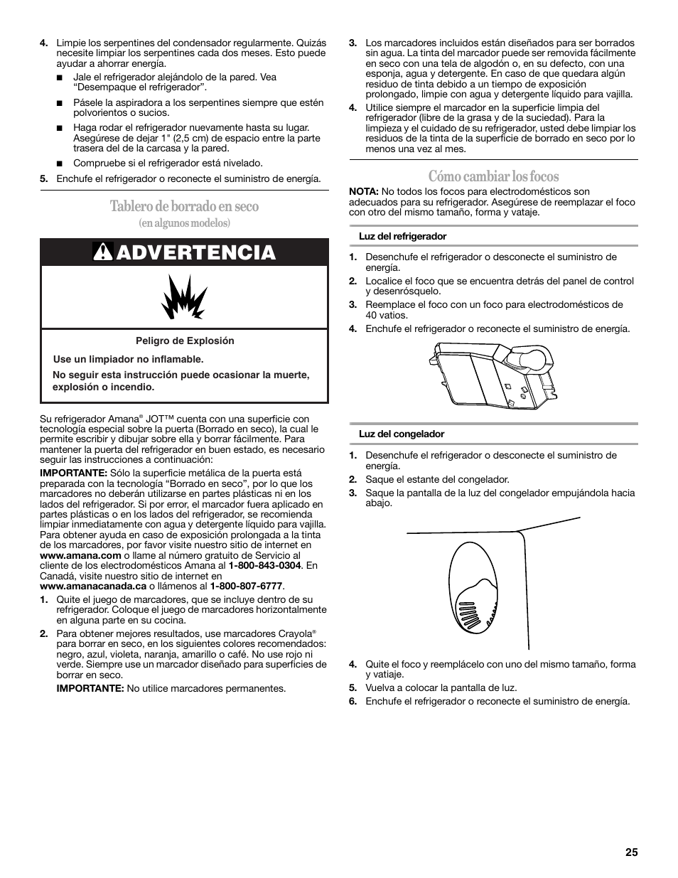 Advertencia, Tablero de borrado en seco, Cómo cambiar los focos | Amana W10214254A User Manual | Page 25 / 42