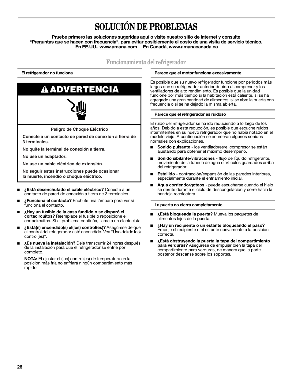 Solución de problemas, Advertencia, Funcionamiento del refrigerador | Amana W10214254A User Manual | Page 26 / 42