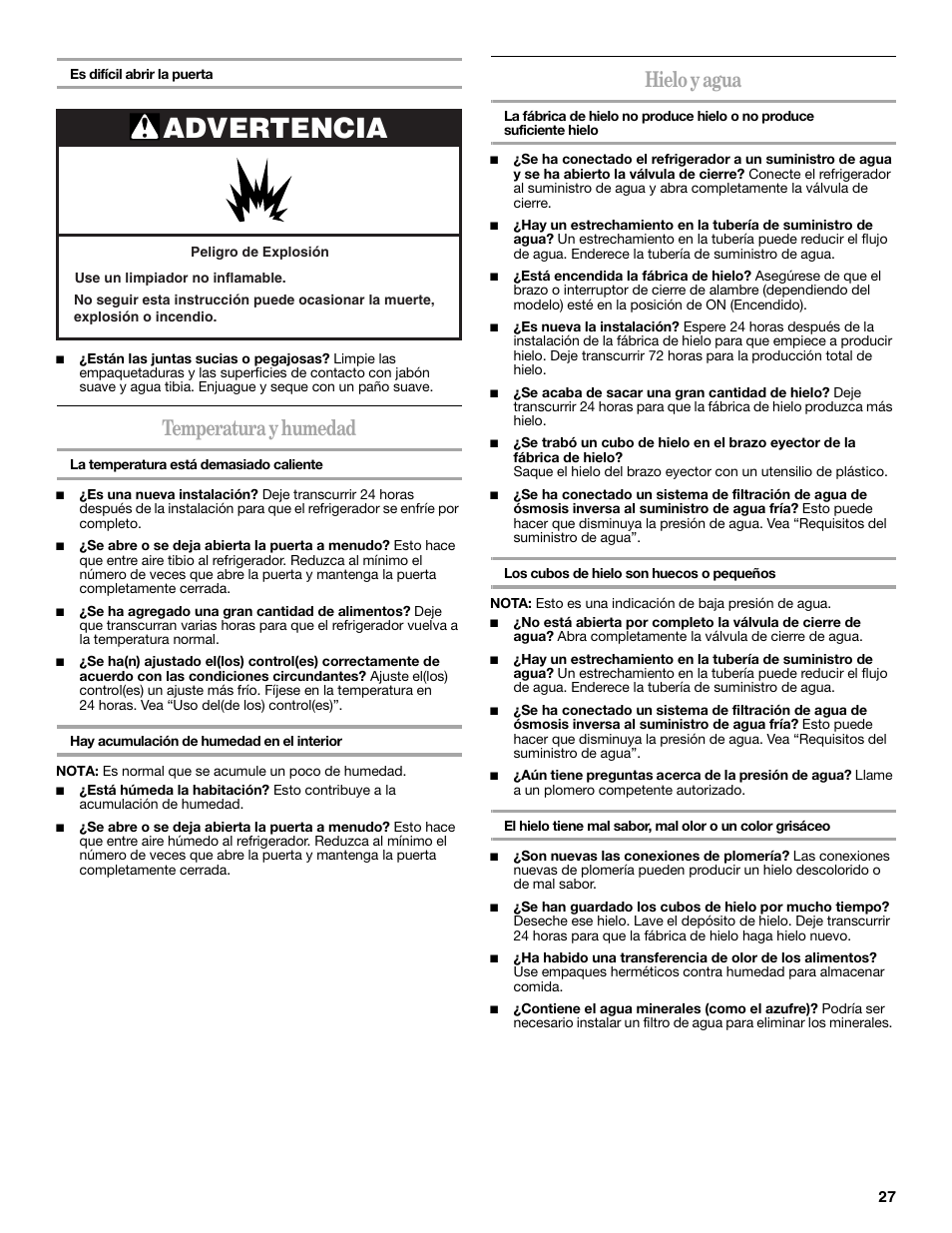 Advertencia, Temperatura y humedad, Hielo y agua | Amana W10214254A User Manual | Page 27 / 42