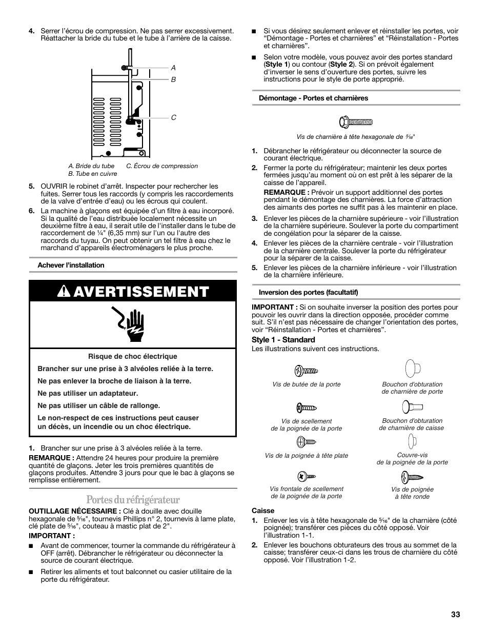 Avertissement, Portes du réfrigérateur | Amana W10214254A User Manual | Page 33 / 42