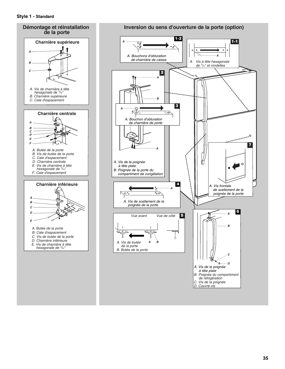 Démontage et réinstallation de la porte, Inversion du sens d'ouverture de la porte (option), 35 style 1 | Amana W10214254A User Manual | Page 35 / 42