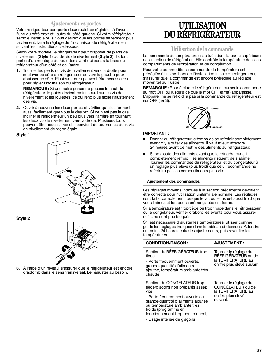 Utilisation du réfrigérateur, Ajustement des portes, Utilisation de la commande | Amana W10214254A User Manual | Page 37 / 42