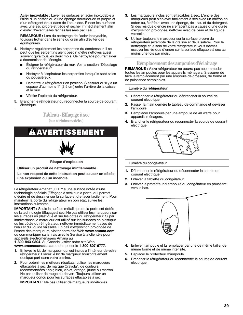 Avertissement, Tableau - effaçage à sec, Remplacement des ampoules d’éclairage | Amana W10214254A User Manual | Page 39 / 42