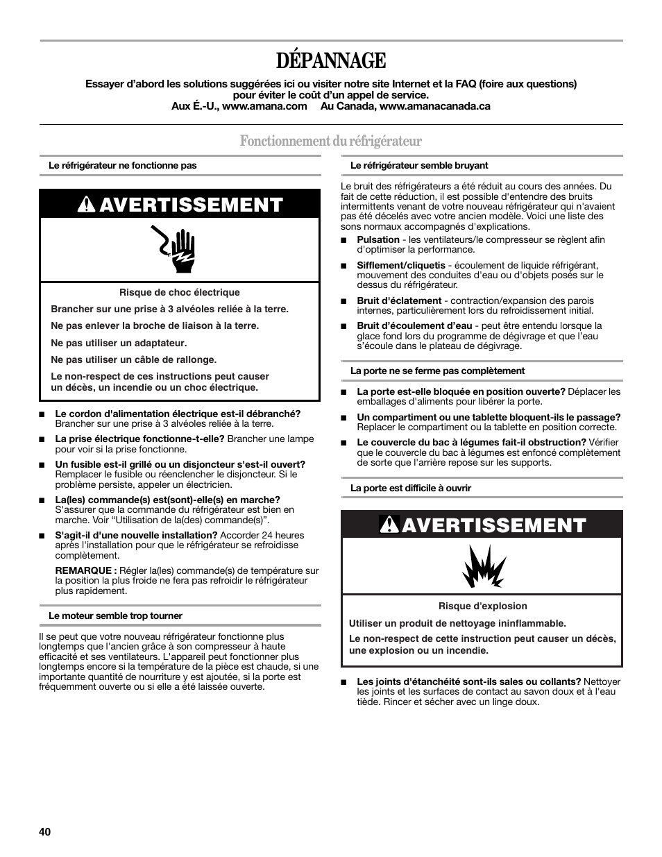 Dépannage, Avertissement, Fonctionnement du réfrigérateur | Amana W10214254A User Manual | Page 40 / 42