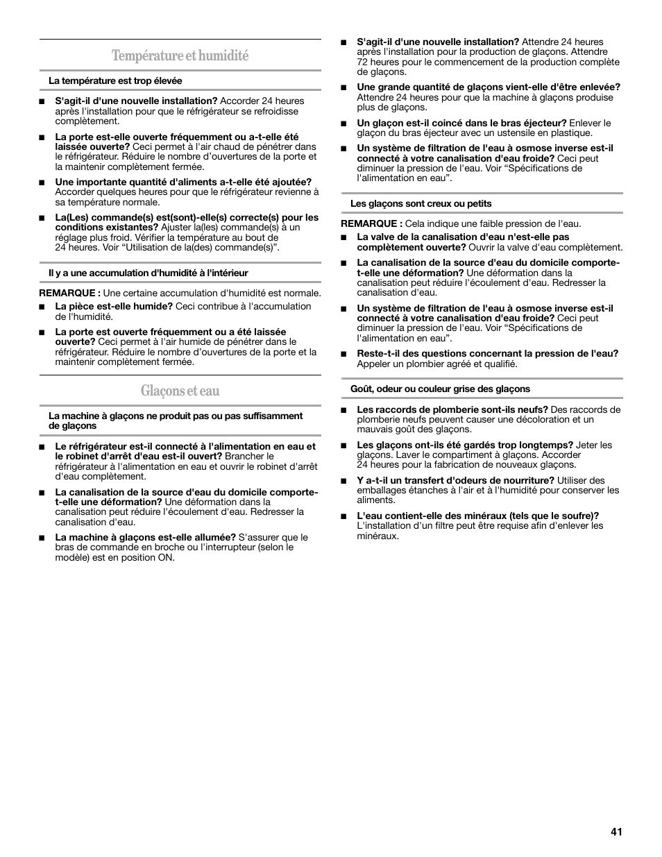 Température et humidité, Glaçons et eau | Amana W10214254A User Manual | Page 41 / 42