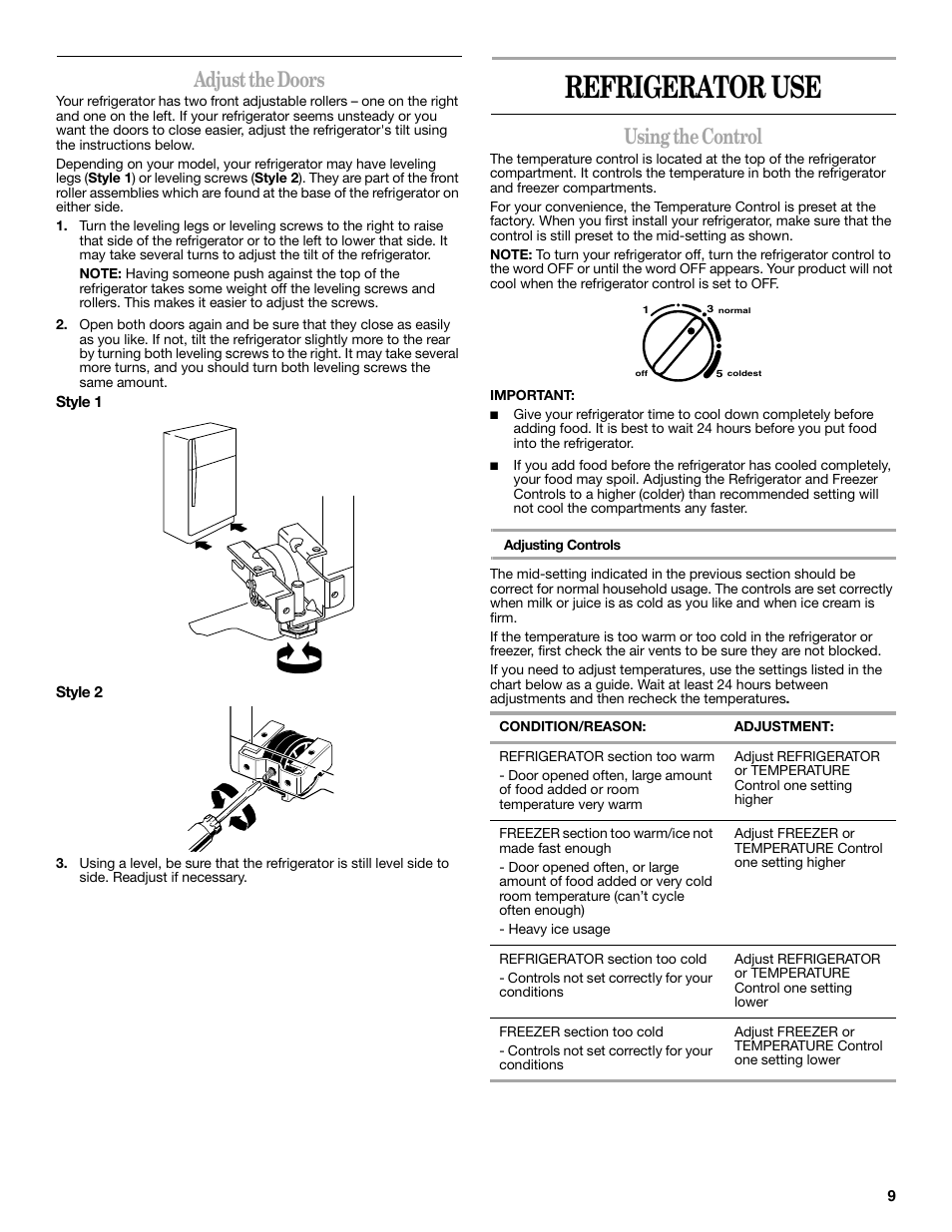 Refrigerator use, Adjust the doors, Using the control | Amana W10214254A User Manual | Page 9 / 42