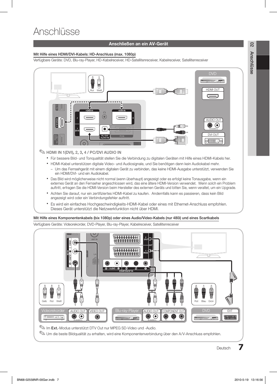 Anschlüsse, 02 anschlüsse, Anschließen an ein av-gerät | Deutsch, Blu-ray-player dvd videorekorder | Samsung LE32C650L1W User Manual | Page 111 / 209