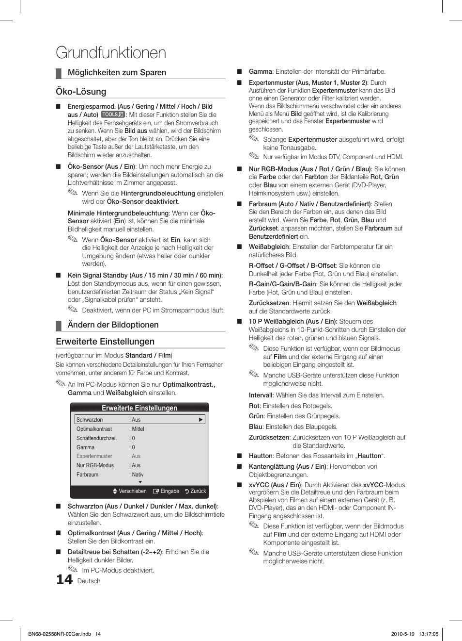 Grundfunktionen, Öko-lösung, Erweiterte einstellungen | Samsung LE32C650L1W User Manual | Page 118 / 209
