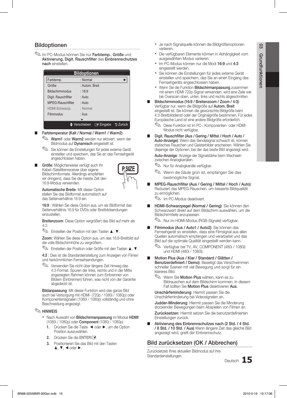 Bildoptionen, Bild zurücksetzen (ok / abbrechen) | Samsung LE32C650L1W User Manual | Page 119 / 209