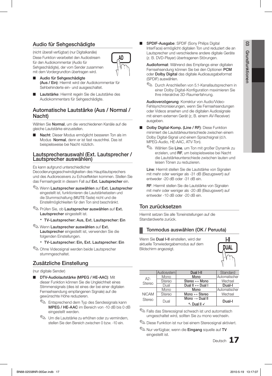 Audio für sehgeschädigte, Automatische lautstärke (aus / normal / nacht), Zusätzliche einstellung | Ton zurücksetzen | Samsung LE32C650L1W User Manual | Page 121 / 209