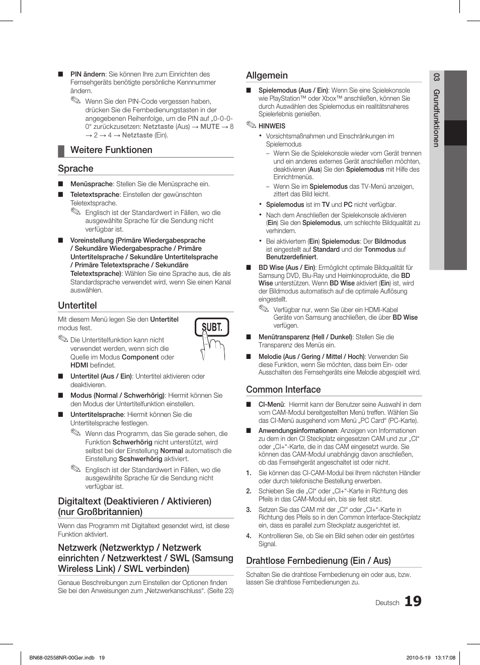 Weitere funktionen ¦ sprache, Untertitel, Allgemein | Common interface, Drahtlose fernbedienung (ein / aus) | Samsung LE32C650L1W User Manual | Page 123 / 209