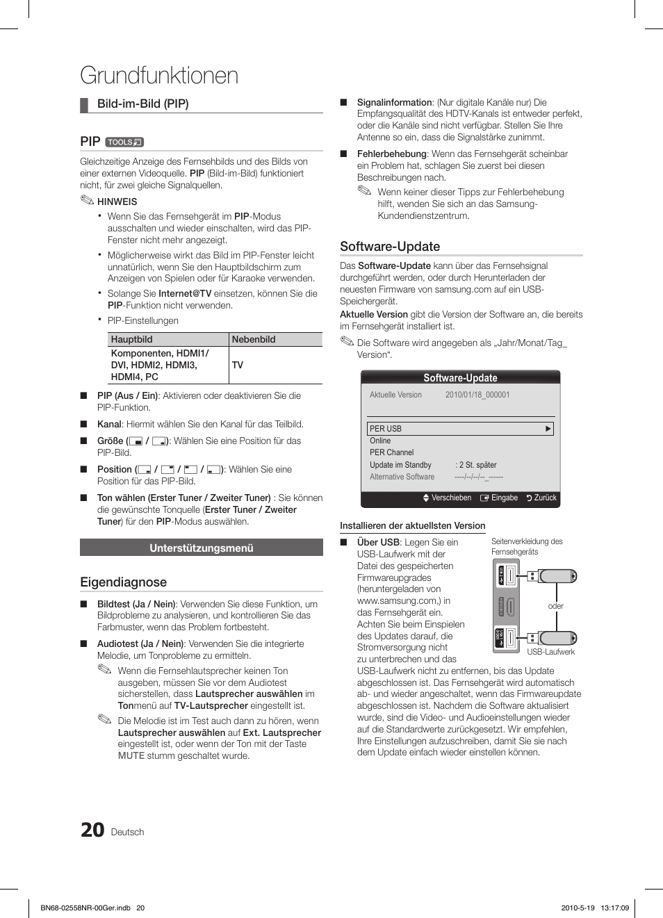 Grundfunktionen, Eigendiagnose, Software-update | Samsung LE32C650L1W User Manual | Page 124 / 209