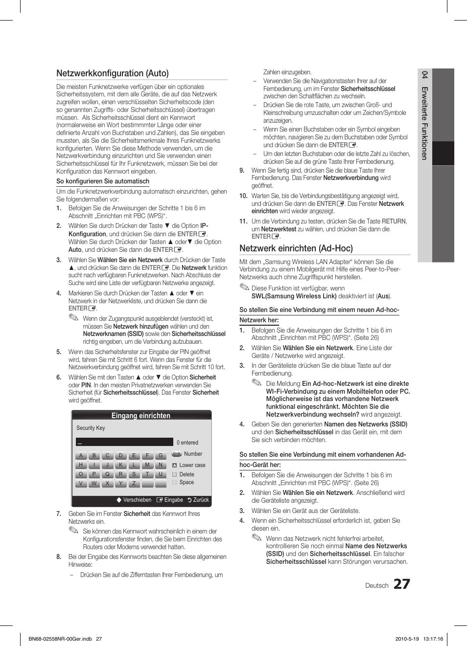 Netzwerkkonfiguration (auto), Netzwerk einrichten (ad-hoc) | Samsung LE32C650L1W User Manual | Page 131 / 209