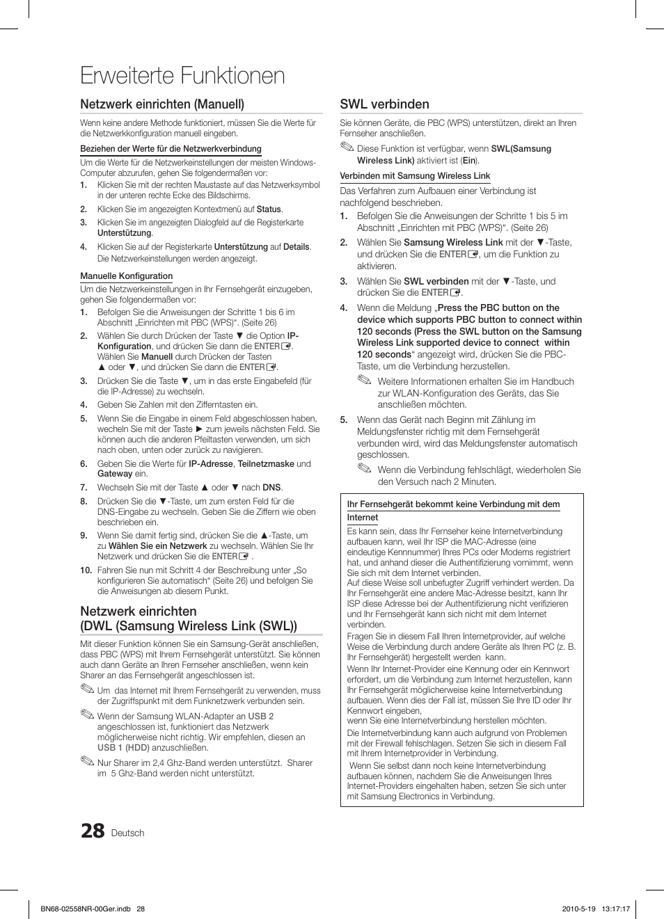 Erweiterte funktionen, Netzwerk einrichten (manuell), Swl verbinden | Samsung LE32C650L1W User Manual | Page 132 / 209