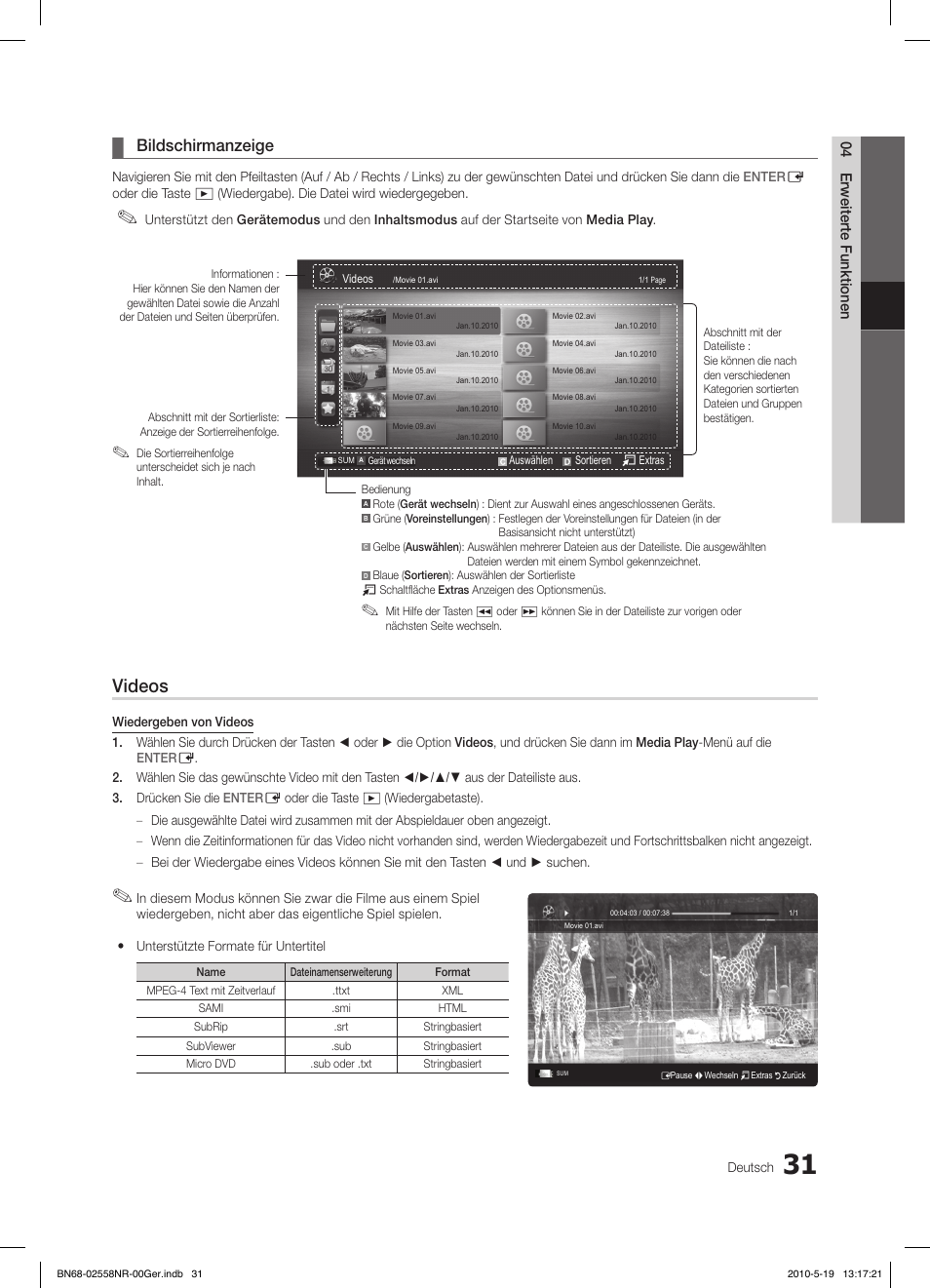 Videos, Bildschirmanzeige | Samsung LE32C650L1W User Manual | Page 135 / 209