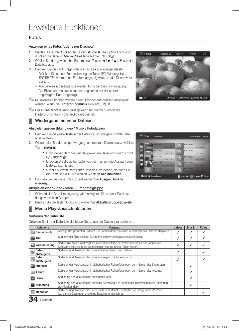 Erweiterte funktionen, Fotos, Wiedergabe mehrerer dateien | Media play-zusatzfunktionen | Samsung LE32C650L1W User Manual | Page 138 / 209