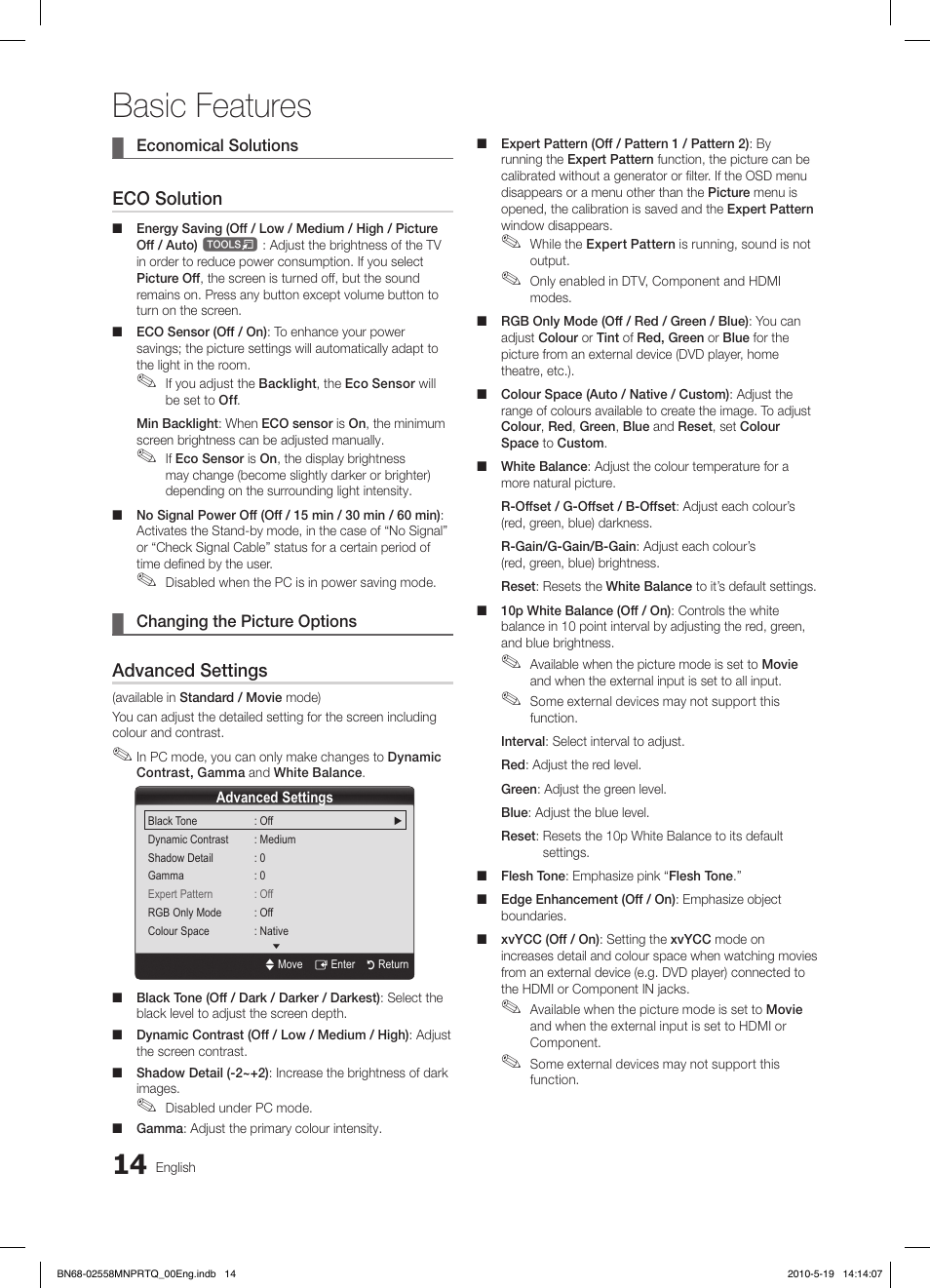 Basic features, Eco solution, Advanced settings | Samsung LE32C650L1W User Manual | Page 14 / 209