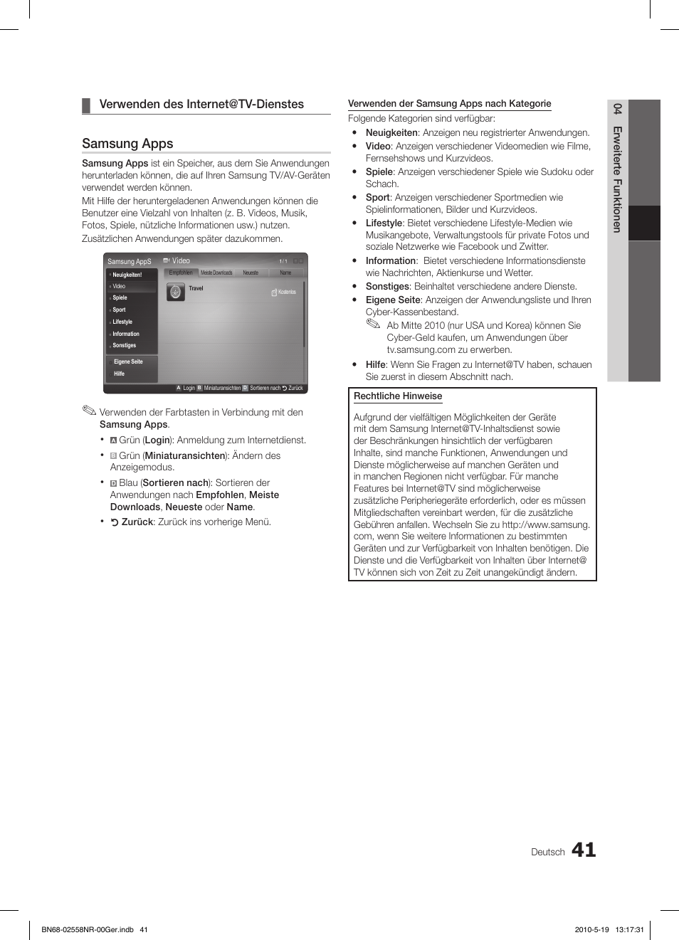 Samsung apps, Verwenden des internet@tv-dienstes | Samsung LE32C650L1W User Manual | Page 145 / 209