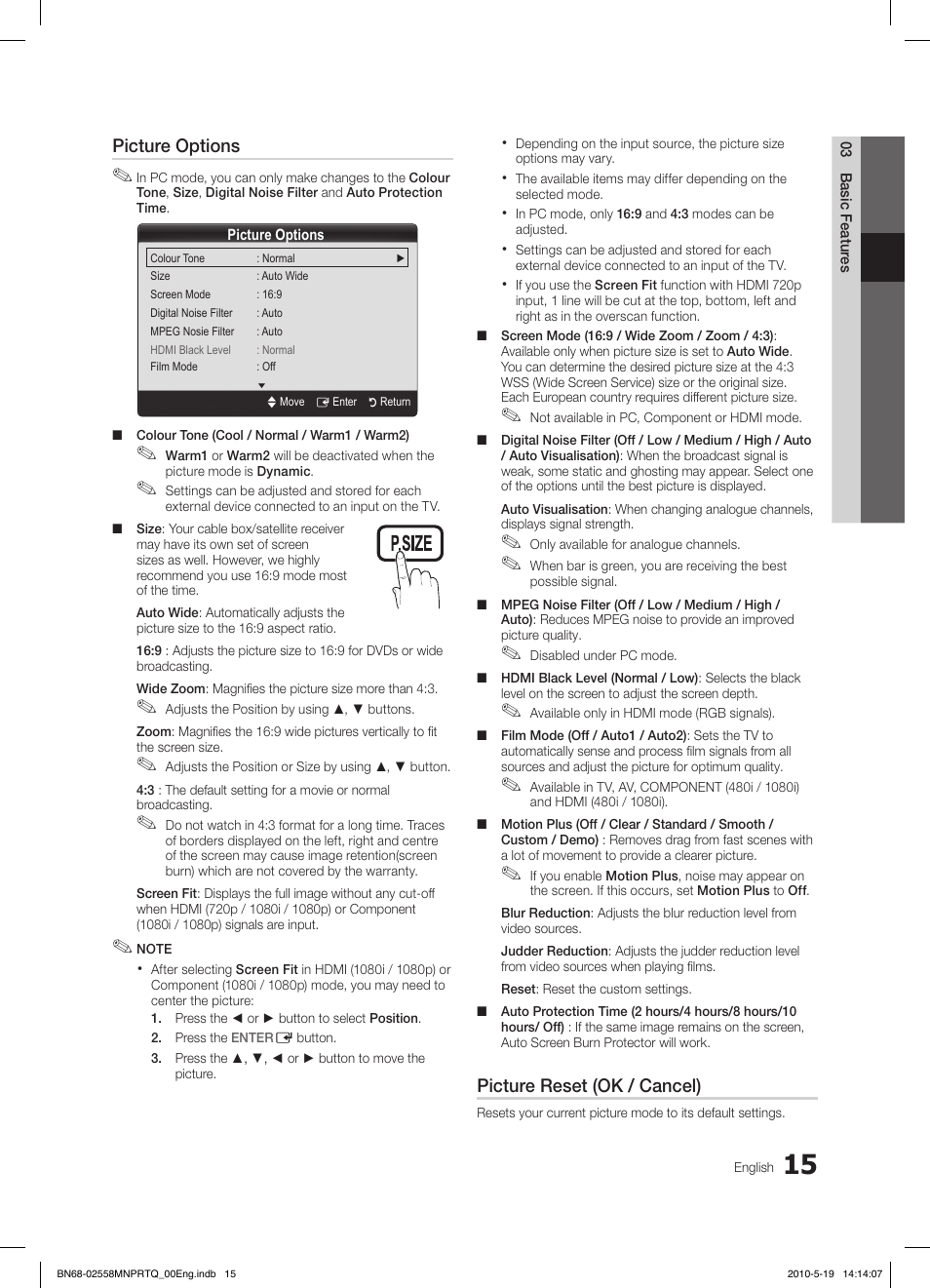 Picture options, Picture reset (ok / cancel) | Samsung LE32C650L1W User Manual | Page 15 / 209