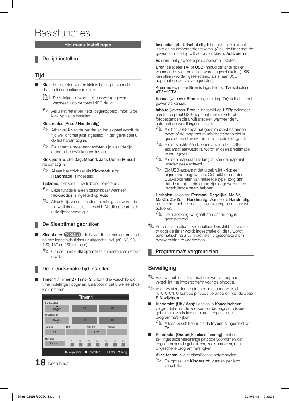 Basisfuncties, Tijd, Beveiliging | Samsung LE32C650L1W User Manual | Page 174 / 209