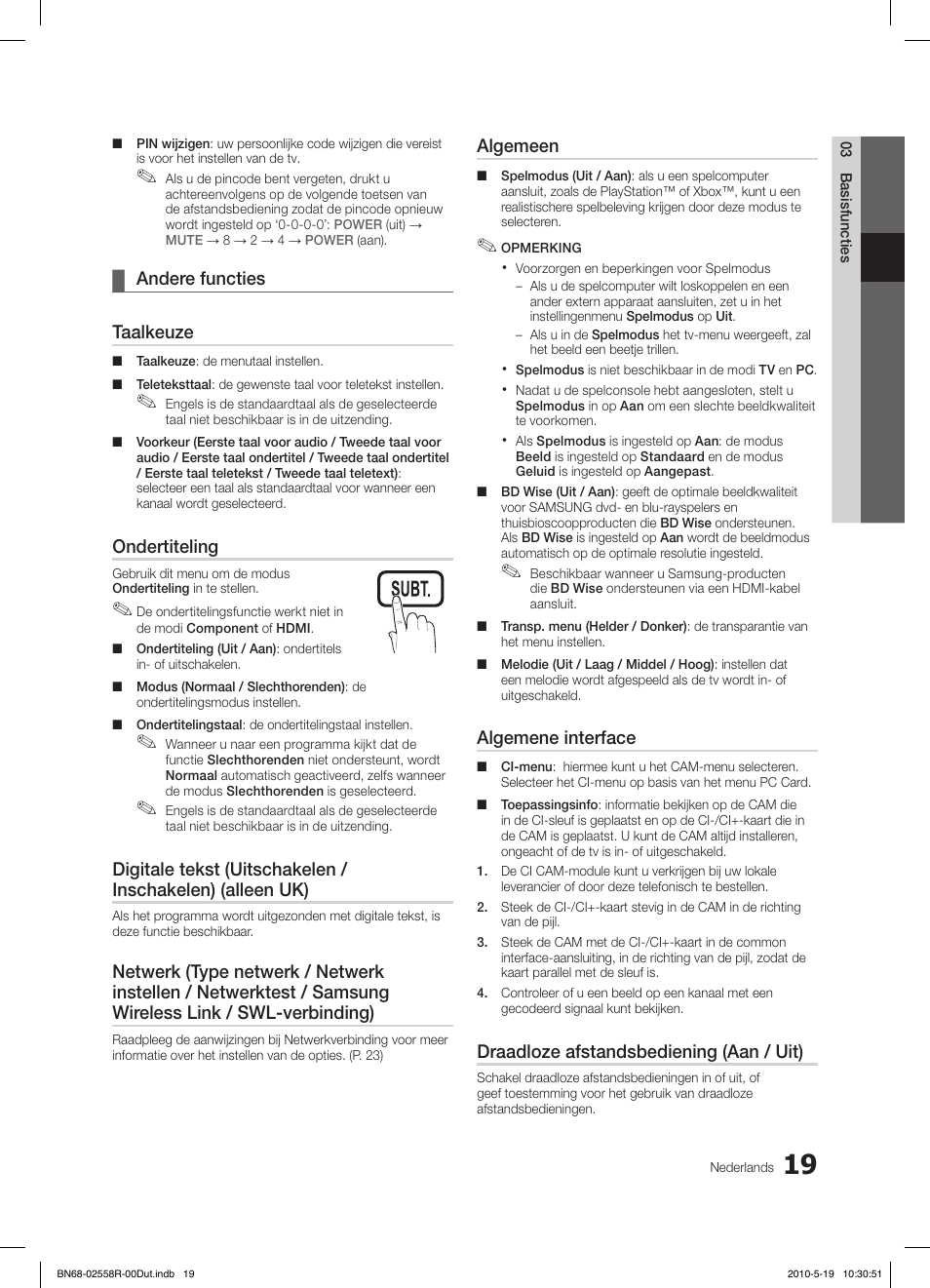 Andere functies ¦ taalkeuze, Ondertiteling, Algemeen | Algemene interface, Draadloze afstandsbediening (aan / uit) | Samsung LE32C650L1W User Manual | Page 175 / 209