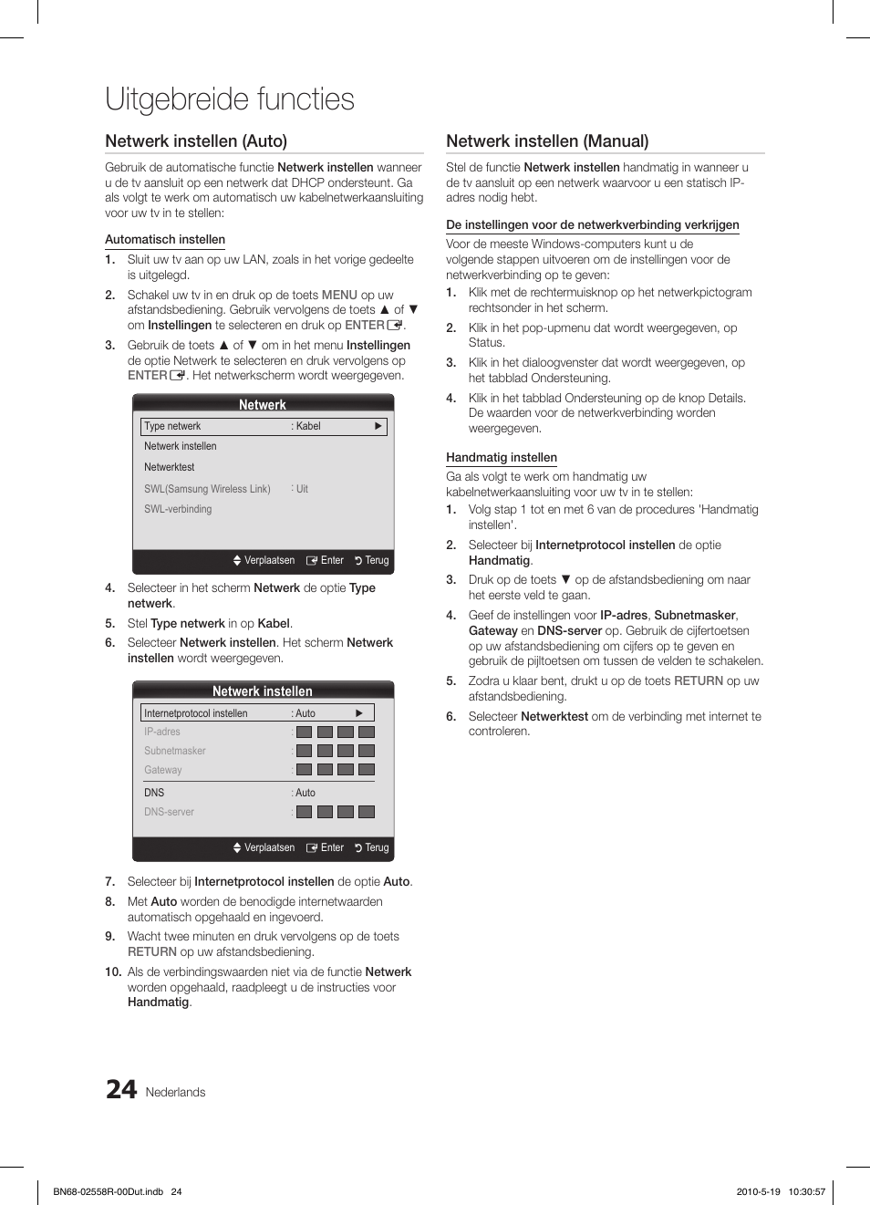 Uitgebreide functies, Netwerk instellen (auto), Netwerk instellen (manual) | Samsung LE32C650L1W User Manual | Page 180 / 209