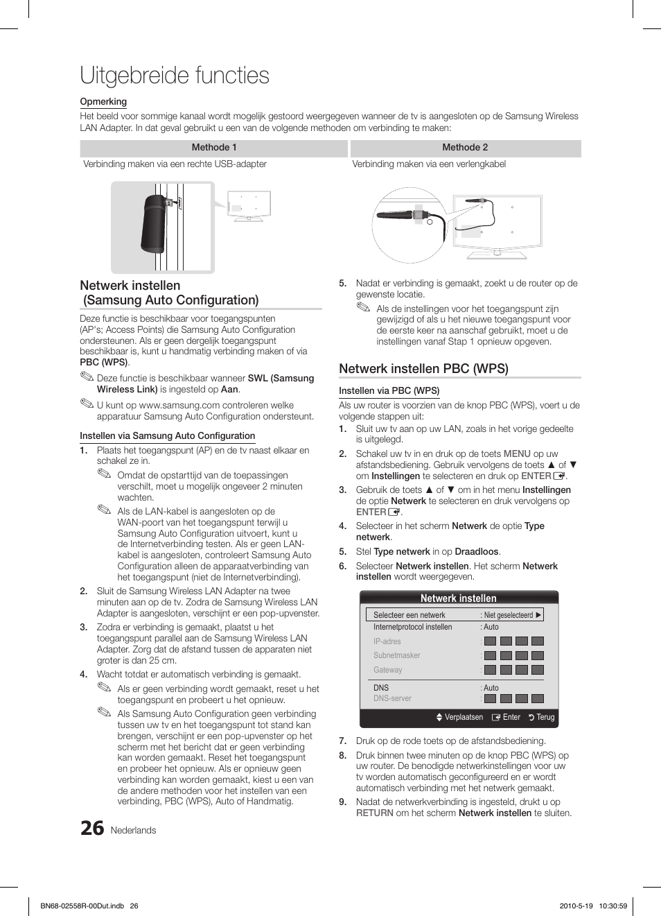 Uitgebreide functies, Netwerk instellen (samsung auto configuration), Netwerk instellen pbc (wps) | Samsung LE32C650L1W User Manual | Page 182 / 209