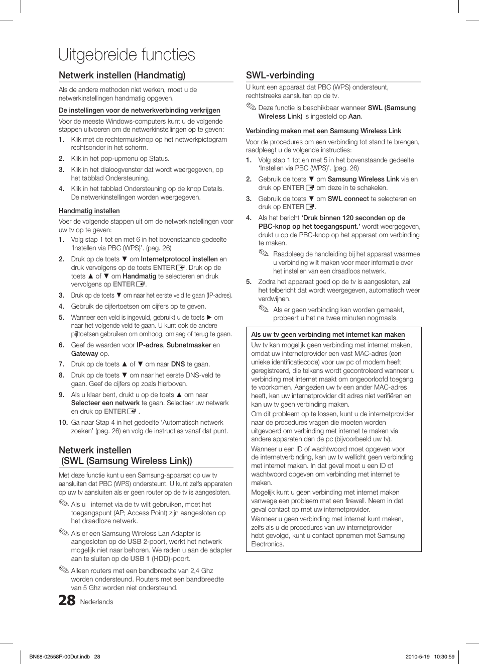 Uitgebreide functies, Netwerk instellen (handmatig), Netwerk instellen (swl (samsung wireless link)) | Swl-verbinding | Samsung LE32C650L1W User Manual | Page 184 / 209