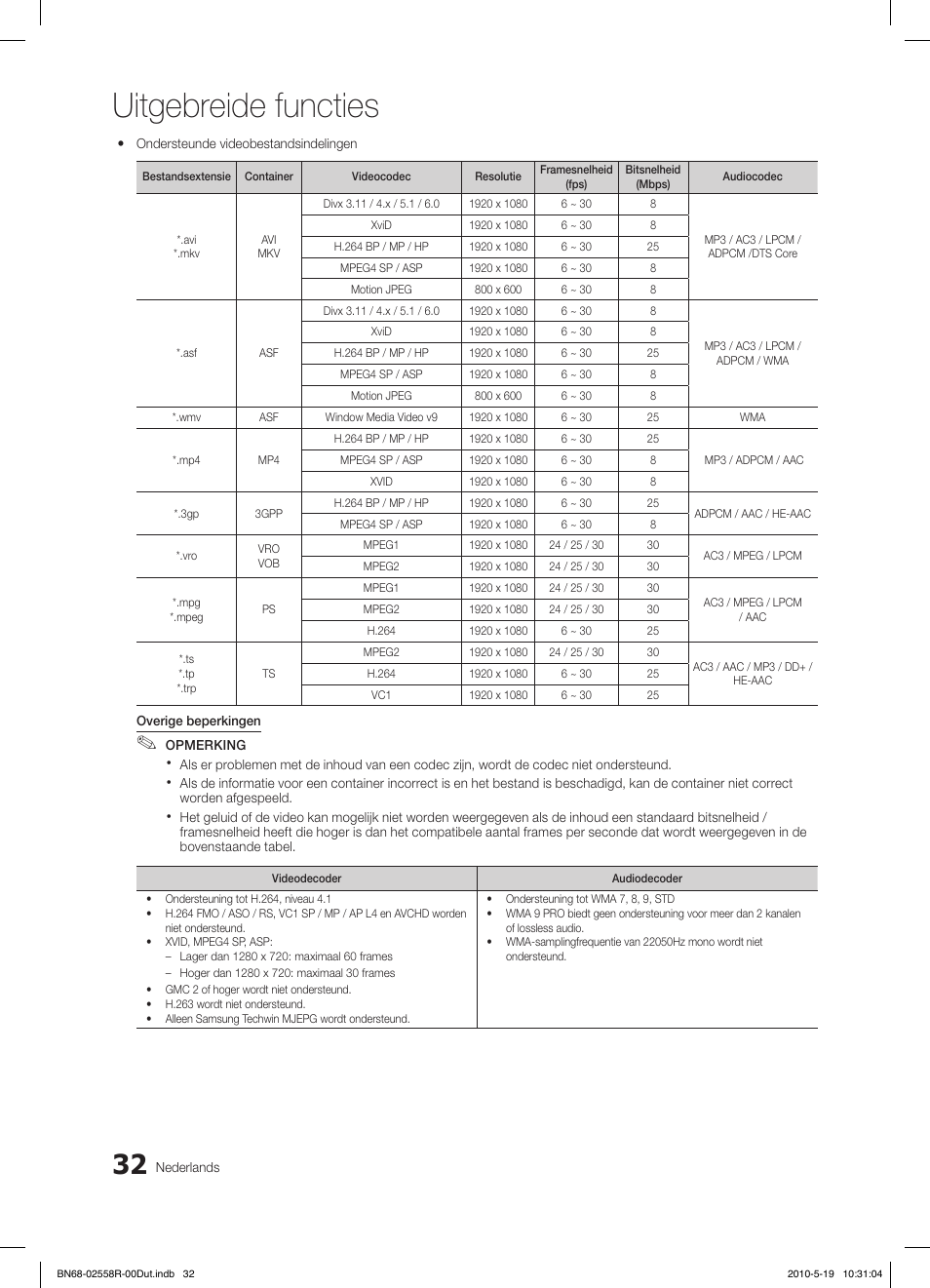 Uitgebreide functies | Samsung LE32C650L1W User Manual | Page 188 / 209