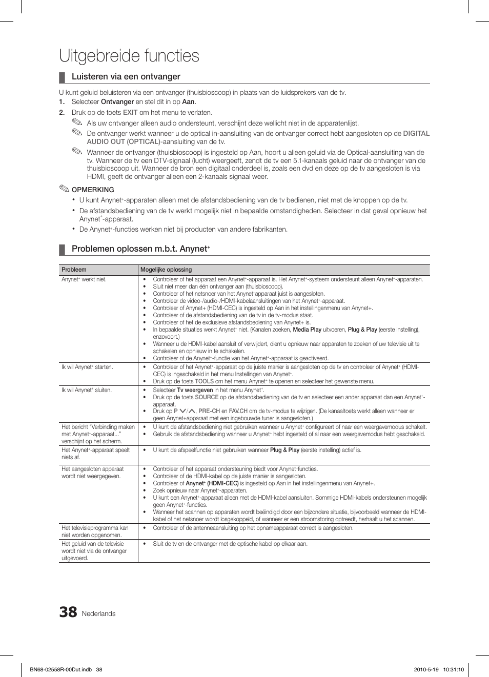 Uitgebreide functies, Luisteren via een ontvanger, Problemen oplossen m.b.t. anynet | Samsung LE32C650L1W User Manual | Page 194 / 209