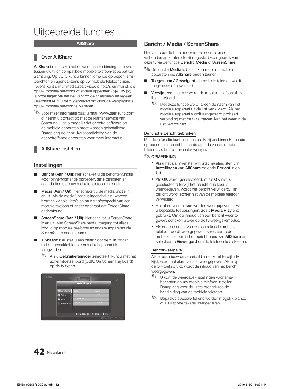 Uitgebreide functies, Instellingen, Bericht / media / screenshare | Samsung LE32C650L1W User Manual | Page 198 / 209