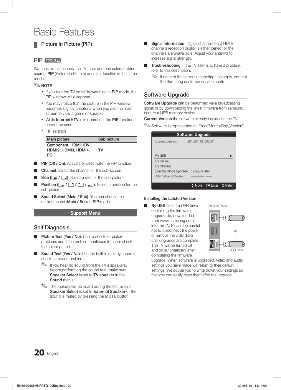 Basic features, Self diagnosis, Software upgrade | Samsung LE32C650L1W User Manual | Page 20 / 209