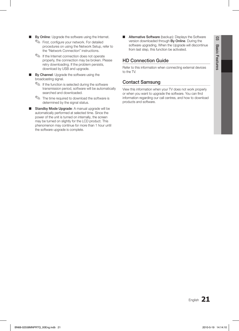 Hd connection guide, Contact samsung | Samsung LE32C650L1W User Manual | Page 21 / 209
