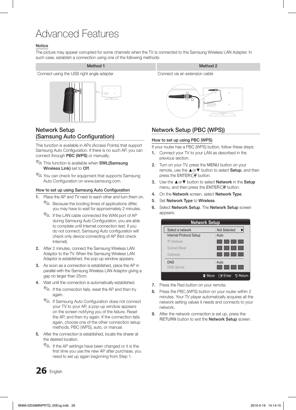 Advanced features, Network setup (samsung auto configuration), Network setup (pbc (wps)) | Samsung LE32C650L1W User Manual | Page 26 / 209