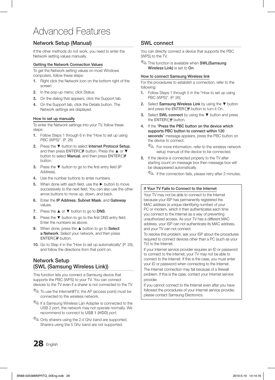 Advanced features, Network setup (manual), Network setup (swl (samsung wireless link)) | Swl connect | Samsung LE32C650L1W User Manual | Page 28 / 209