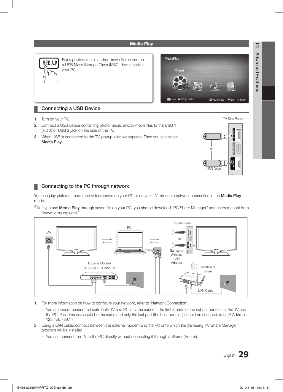 Connecting a ¦ usb device, Connecting to the pc through network | Samsung LE32C650L1W User Manual | Page 29 / 209